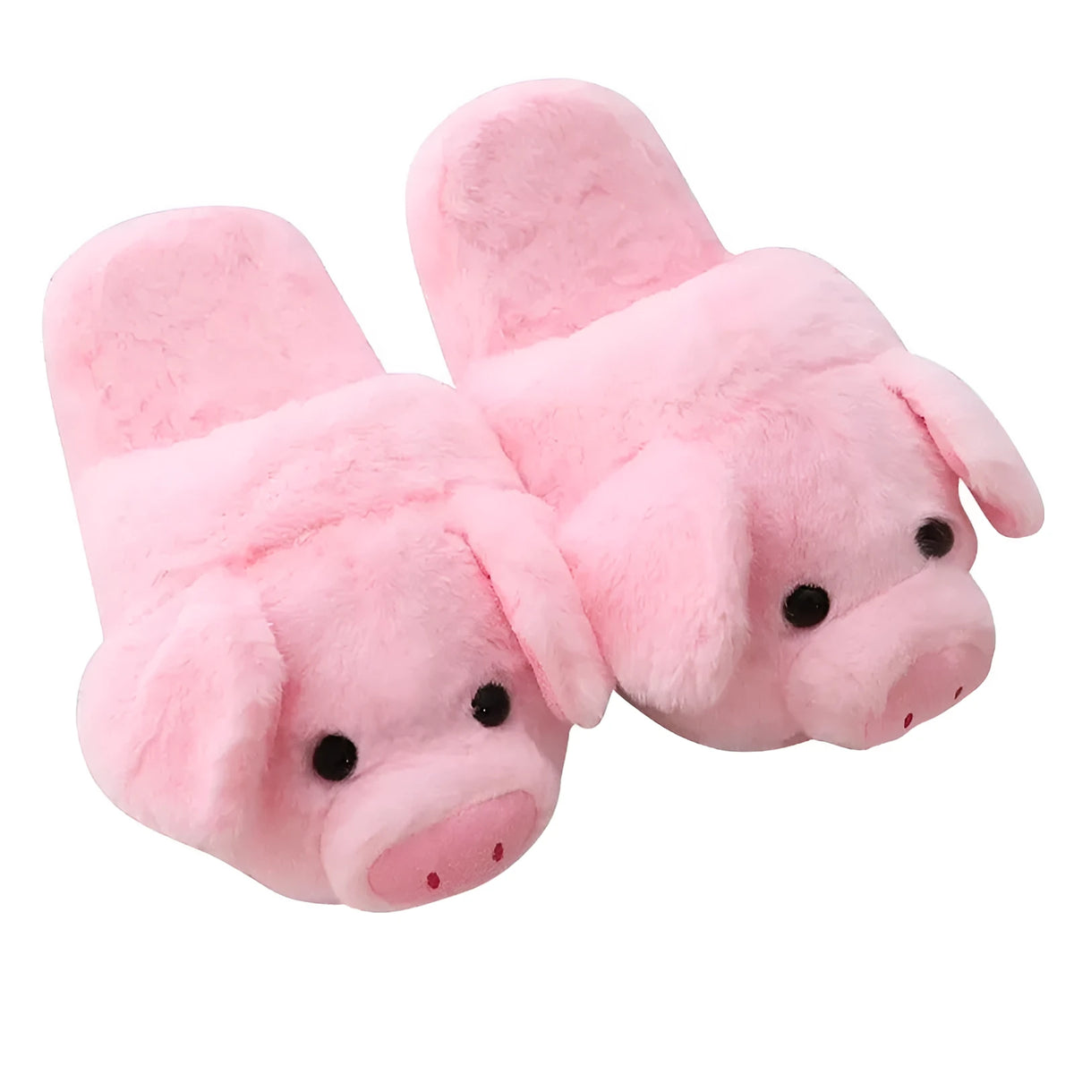 Pink pig-shaped floor slippers with short plush fabric and a soft padded interior.