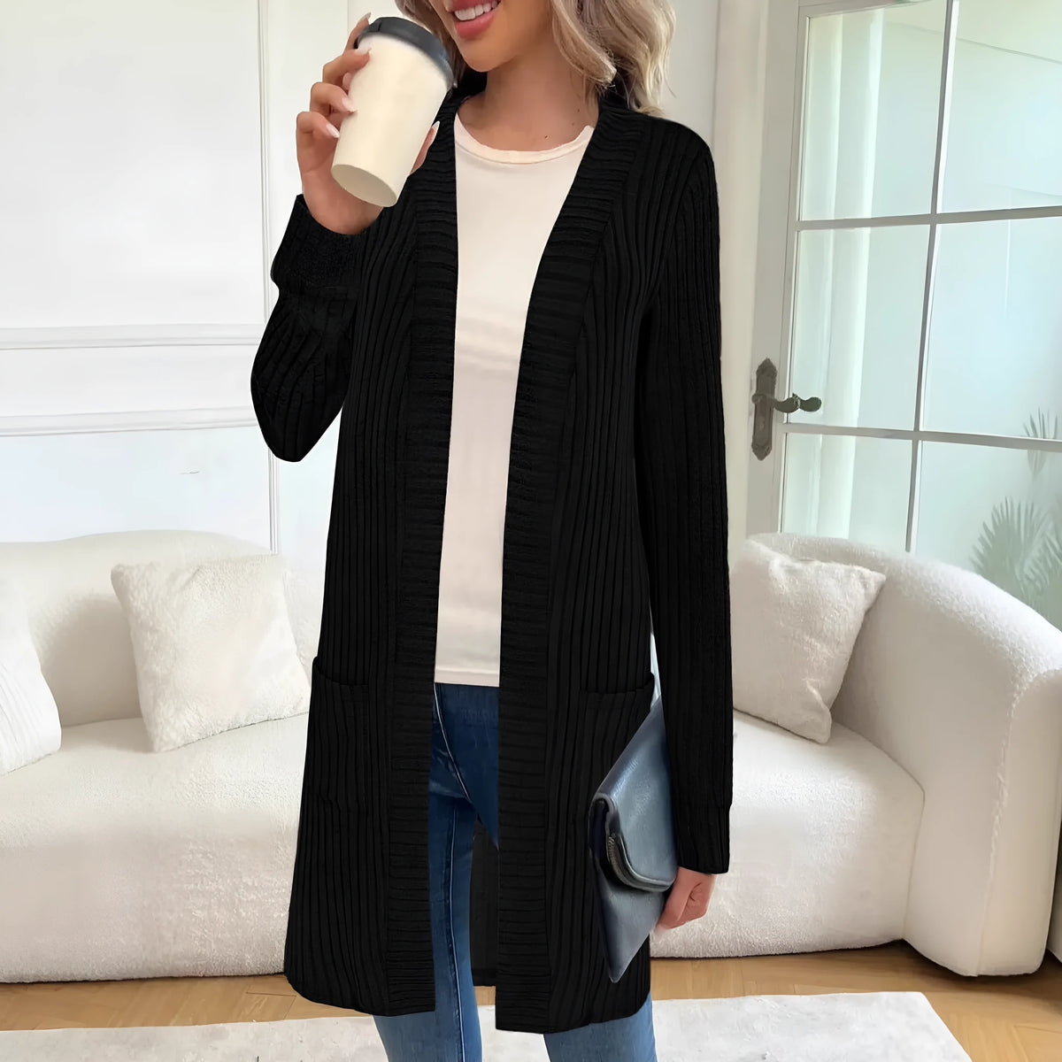 A loose-fit long sleeve knitted cardigan jacket in black, grey, or wine red.