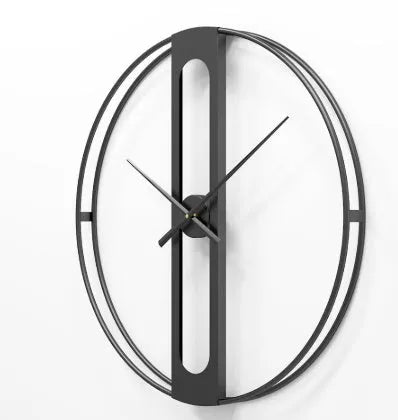 A large 50 cm round metal wall clock on a wall, available in black or gold finish.