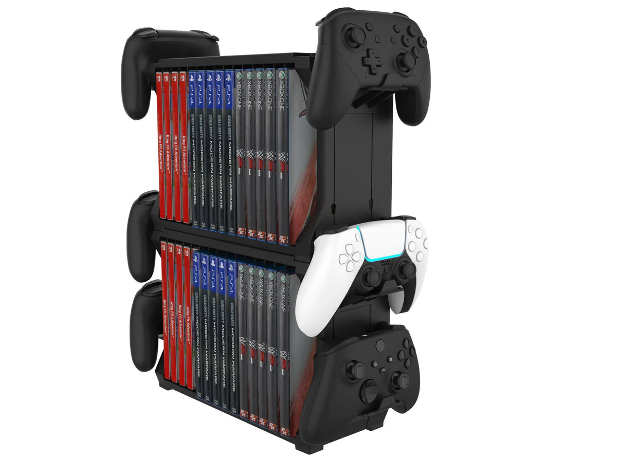 Black PS5 and Xbox Series X game disc holder with slots for game cartridges and four controller handles.