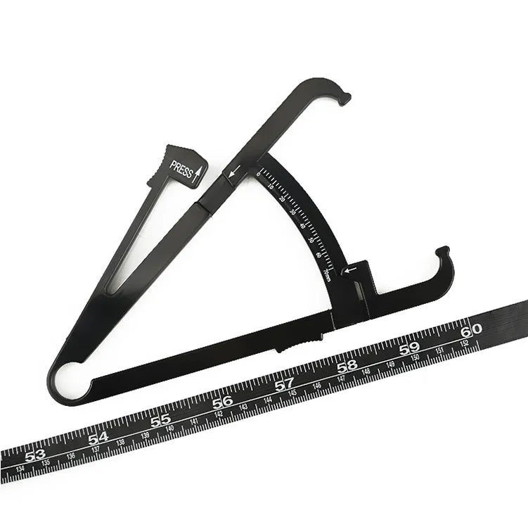 Black ABS plastic body fat measuring calliper with measurement scale and pinch mechanism