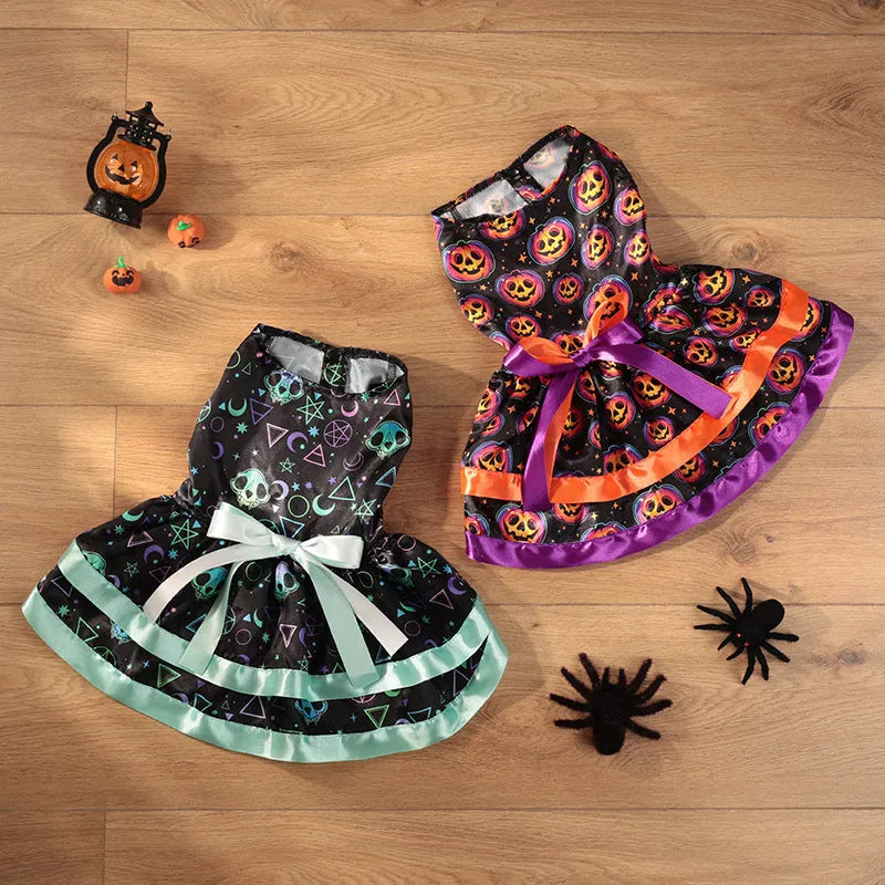 Halloween dog skirt costume with colourful pumpkin and skull prints on double-layer polyester fabric