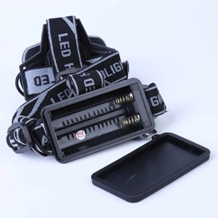 Fixed focus LED head torch with head mount and long-range beam for outdoor camping.