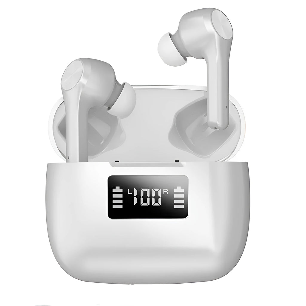 Cool black wireless noise cancelling earphones with touch controls and charging case.