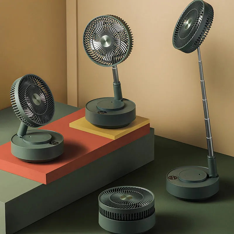Green telescopic floor fan extended to vertical position with remote control