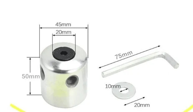 Silver aluminium lawn mower trimmer head with light yellow square grass strings and a wrench