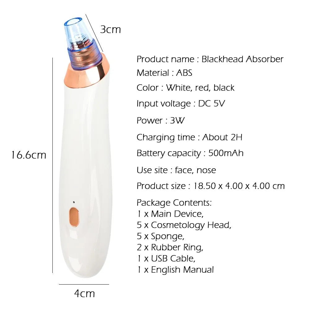 Handheld electric blackhead remover device with multiple nozzle heads in black colour