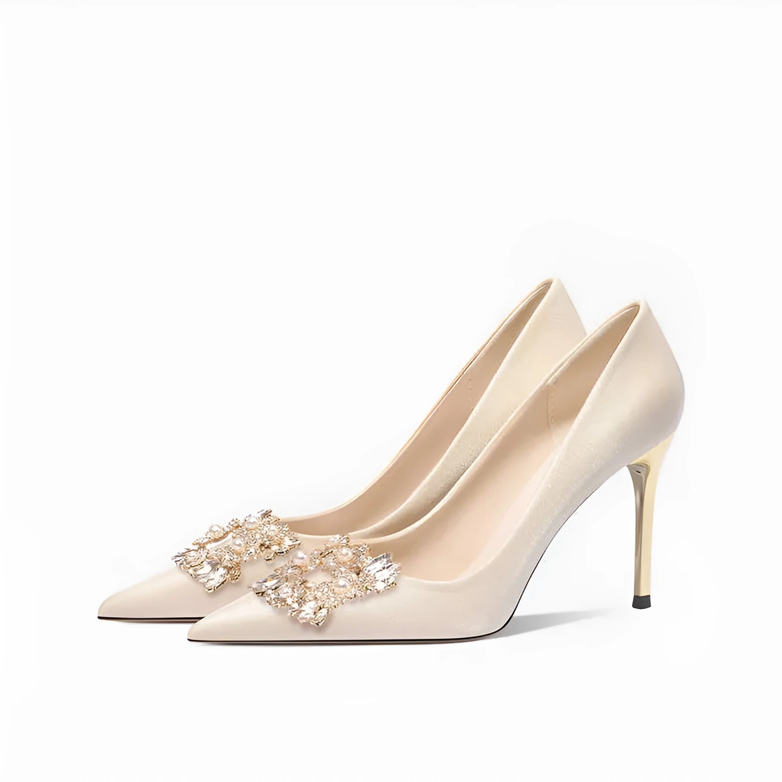 Rhinestone-decorated pointed toe bridal high heels in stiletto and kitten heel styles on a white background.
