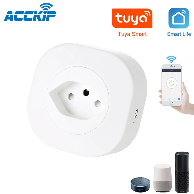 A white smart socket plug with EU-style pins, showing WIFI and voice control symbols on its face.