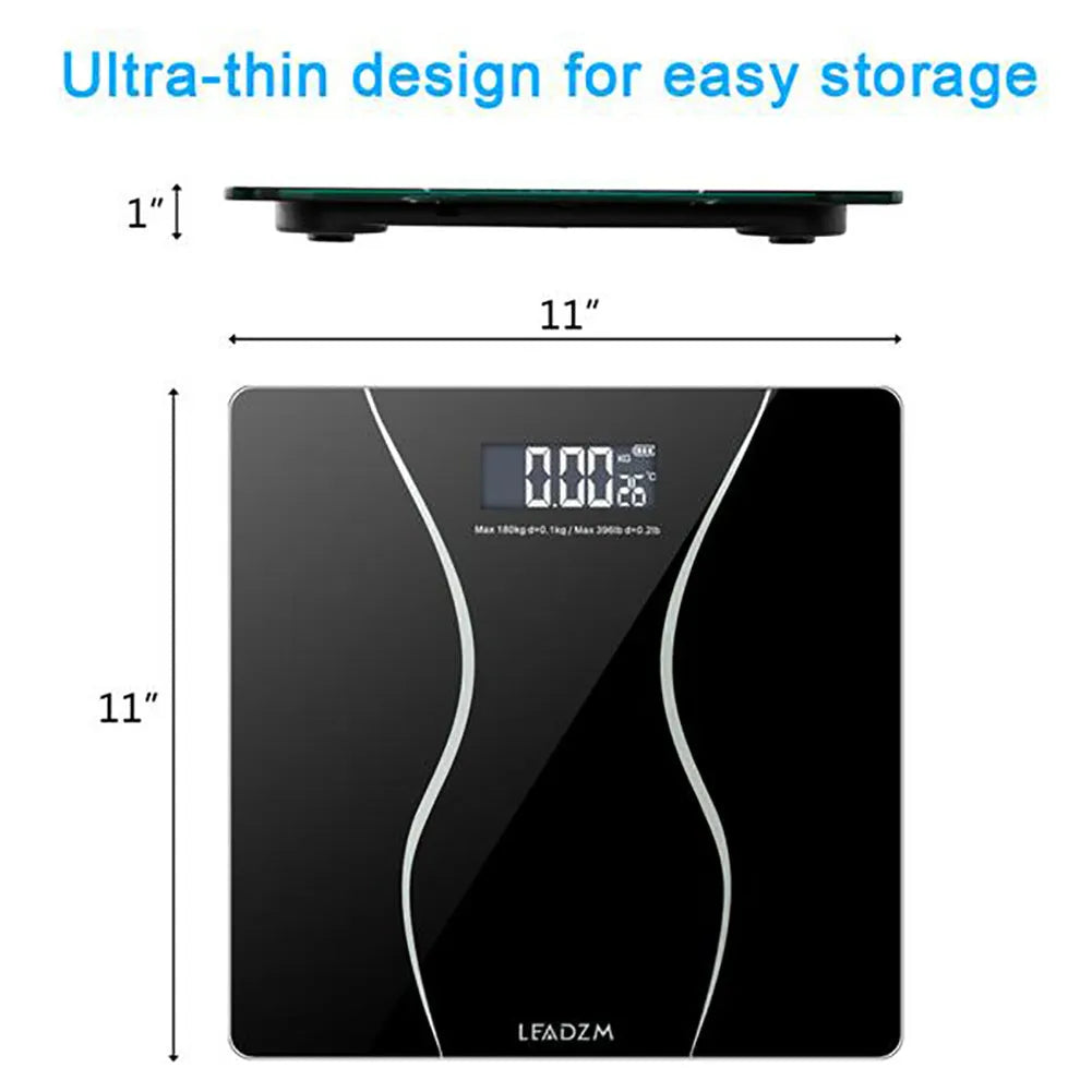 Black electronic body scale with digital LCD display for weight measurement up to 180kg