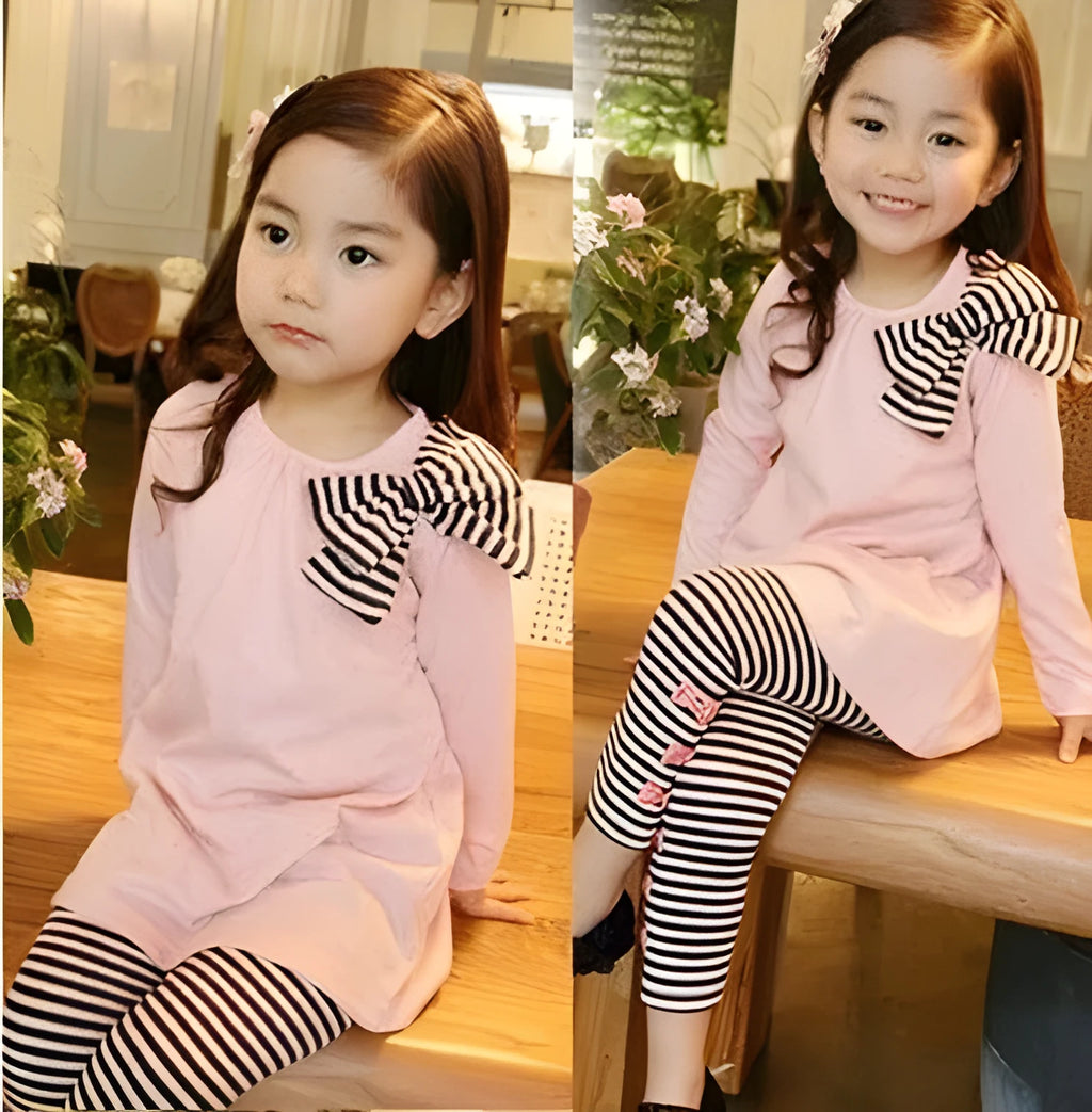 Pink girls cotton clothing set shown in sizes 110cm, 120cm, 130cm, and 140cm.