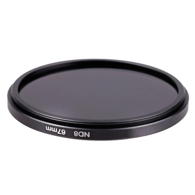 ND8 neutral density camera filter with aviation aluminium frame showing lens thread options from 49mm to 82mm