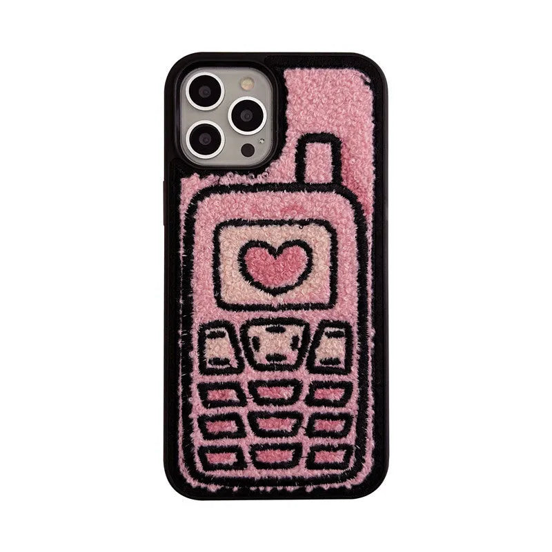 Pink iPhone case with a textured, towel-like embroidered design on the back.