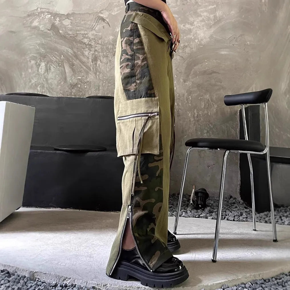 Women's retro high waist straight leg jeans with leopard print pattern on dark khaki denim and tooling style details