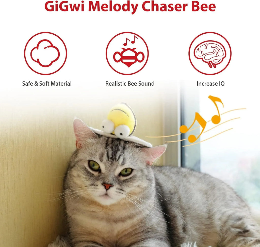 Yellow bee-shaped electronic cat toy with motion-activated chirping sound for indoor feline play