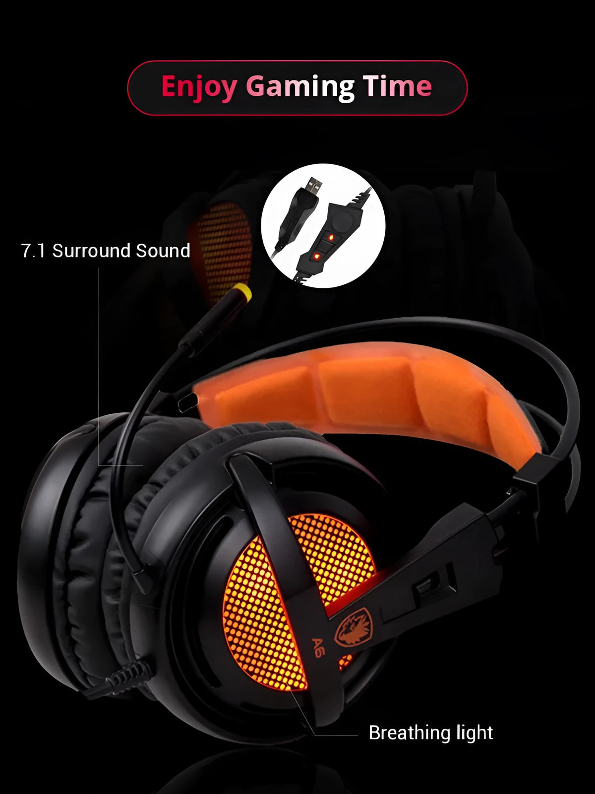 Black and white USB gaming headset with LED lights on earcups and a padded headband.