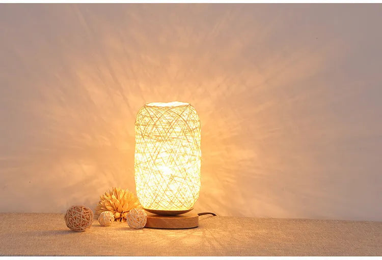 Brown hemp rope wrapped desk lamp with solid wood base and Sepak Takraw ball design