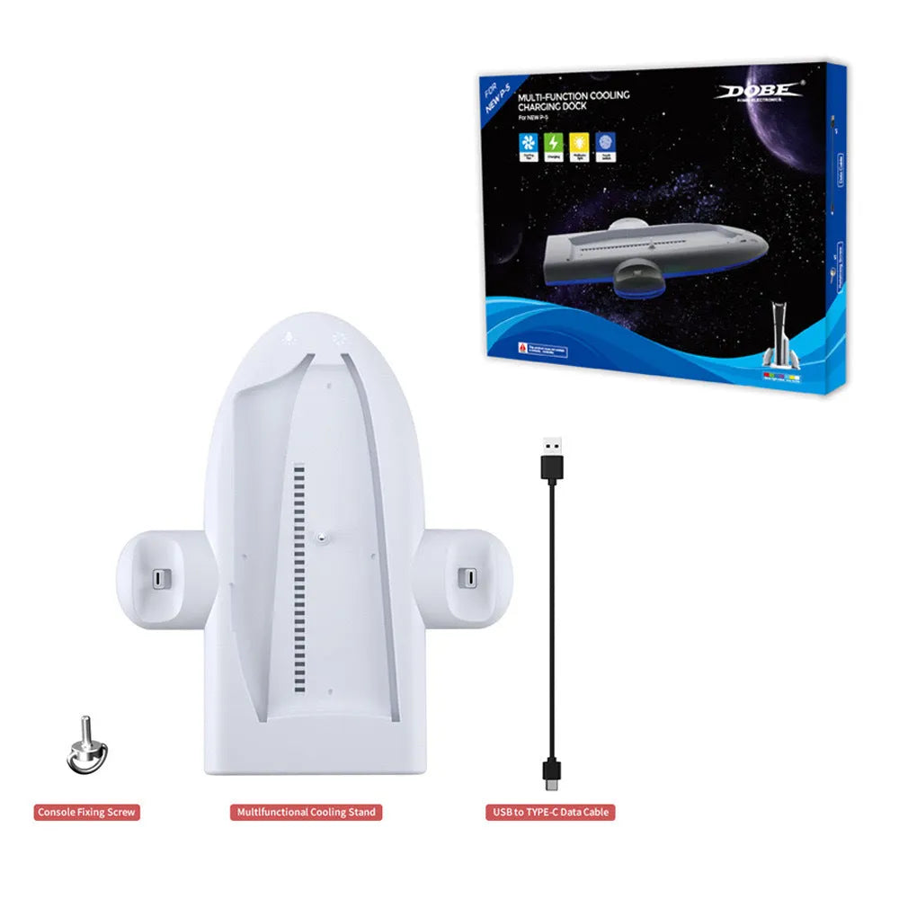White PS5 charging base with RGB lights, cooling fan and fixed controller charging belt