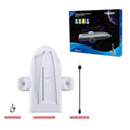 White PS5 charging base with RGB lights, cooling fan and fixed controller charging belt