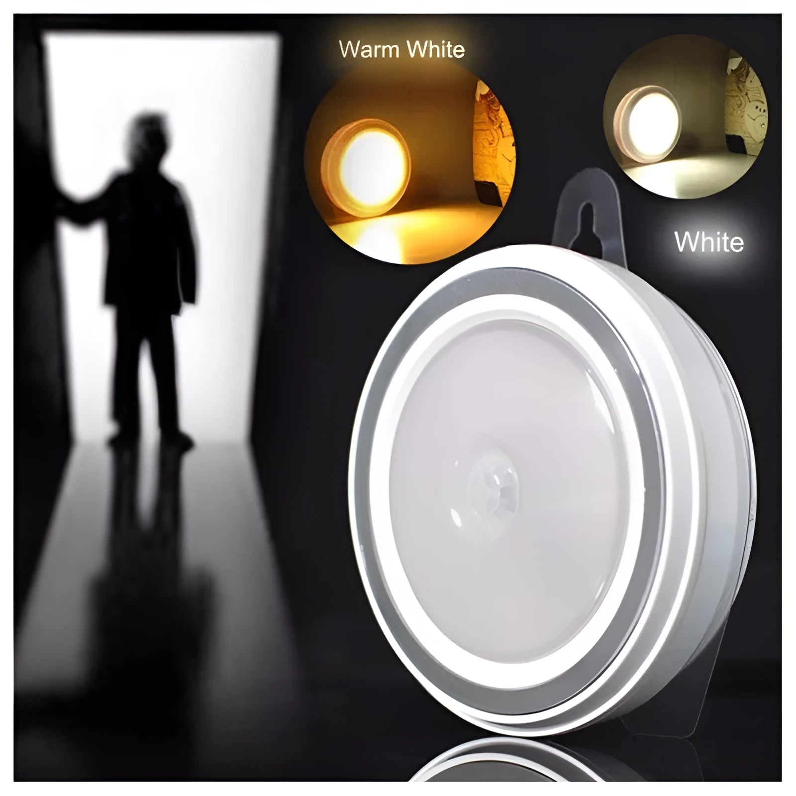 Compact circular motion sensor LED light with PIR sensor, 80mm diameter, for wardrobe and corridor lighting.