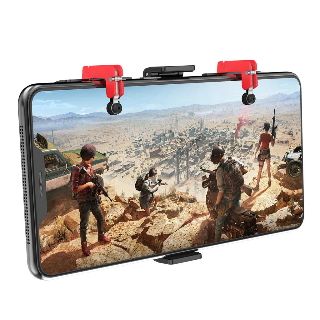 Black PG-9137 mobile phone gaming bracket showing the hidden trigger on the back and telescopic fixing clip.