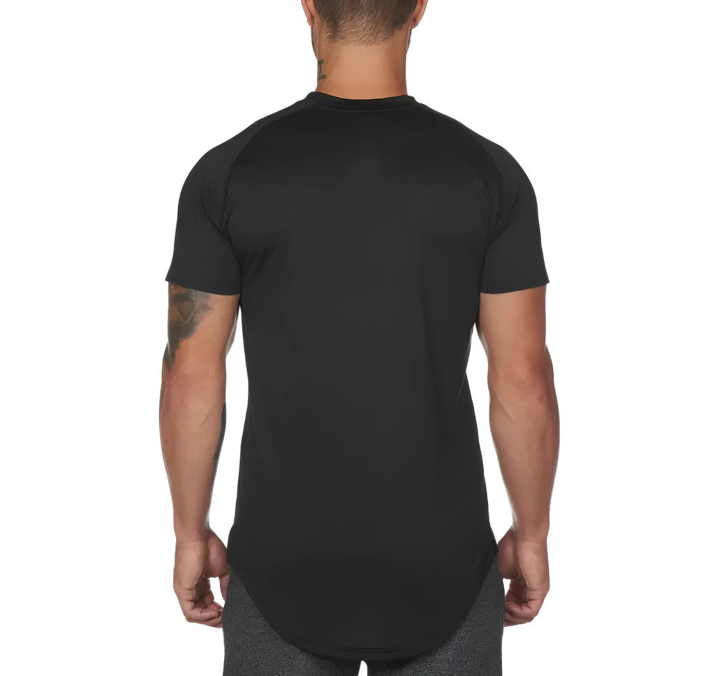 Men's plain gym shirt in cotton-spandex blend showing colour options and size range for fitness wear