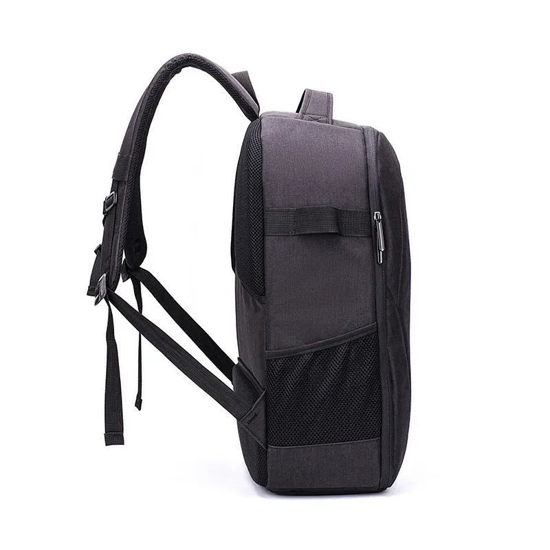 Black Oxford cloth drone backpack with internal organisers for camera and computer compartments