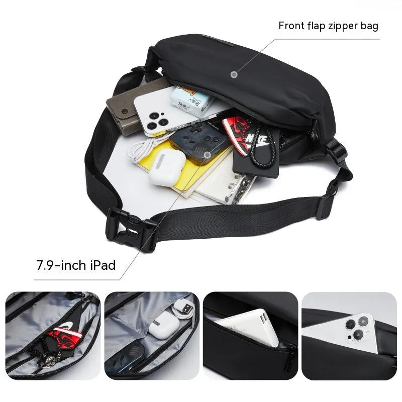 Black Oxford cloth messenger bag for men with functional one-shoulder riding design
