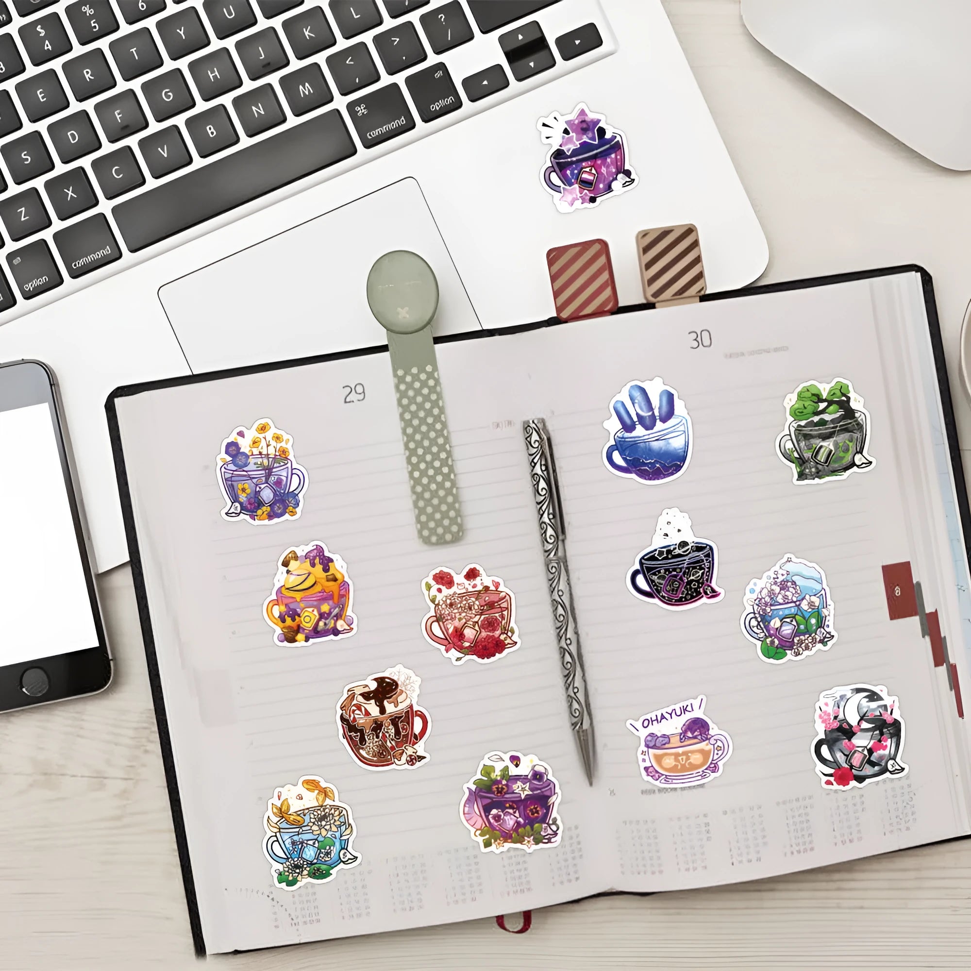 50 piece pack of colourful tea cup graffiti waterproof stickers for sports scooters and luggage in Nordic style