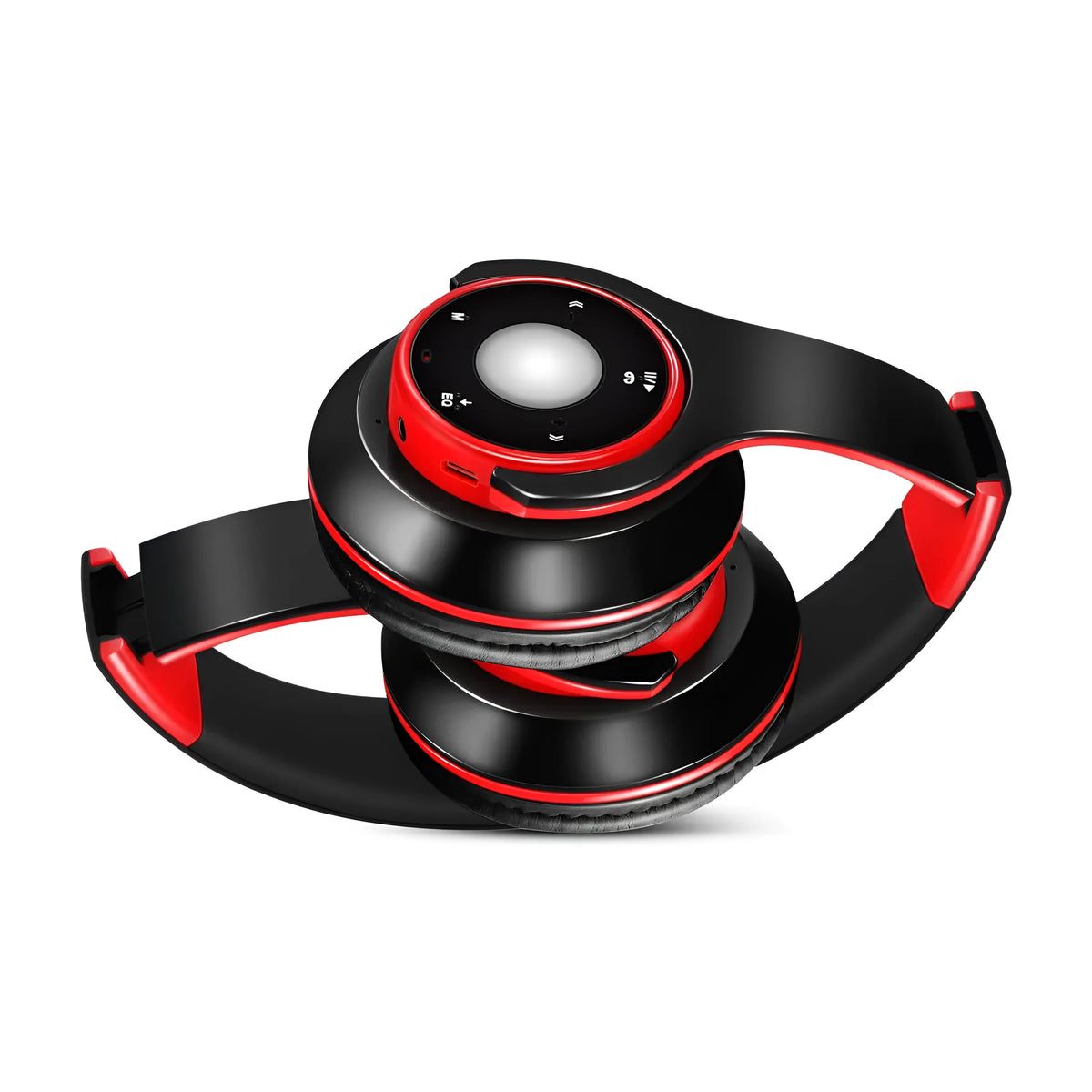 A foldable wireless Bluetooth headset with adjustable hinges, shown in blue, red, or rose red.