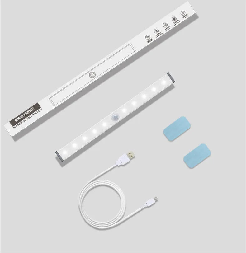USB rechargeable LED motion sensor strip light with magnetic back, shown illuminating a wardrobe.