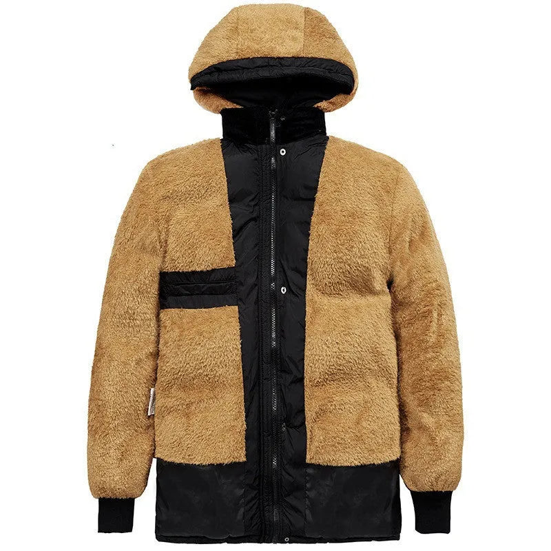 Men's black hooded winter jacket with velvet padding and double-breasted design