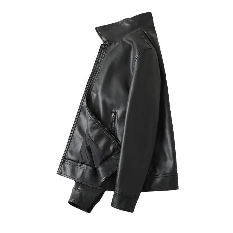 Men's black PU leather jacket with zipper pockets and loose fit casual design