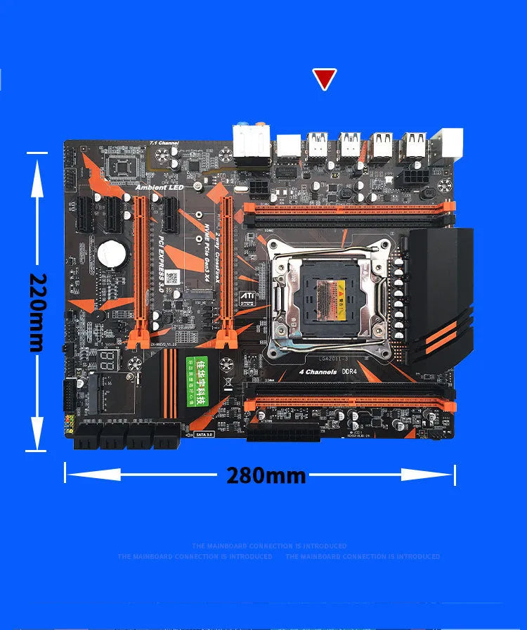 X99 series computer motherboard with LGA 2011-3 CPU socket, four black DDR4 memory slots, and dual PCI-E x16 slots.
