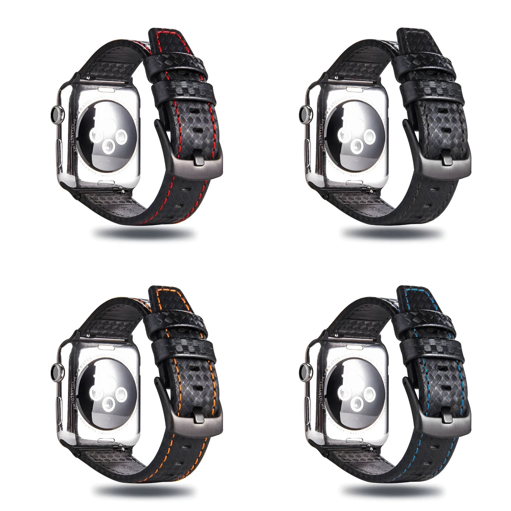 Leather and carbon fibre iPhone watch strap in black, blue, orange, and red for Apple Watch