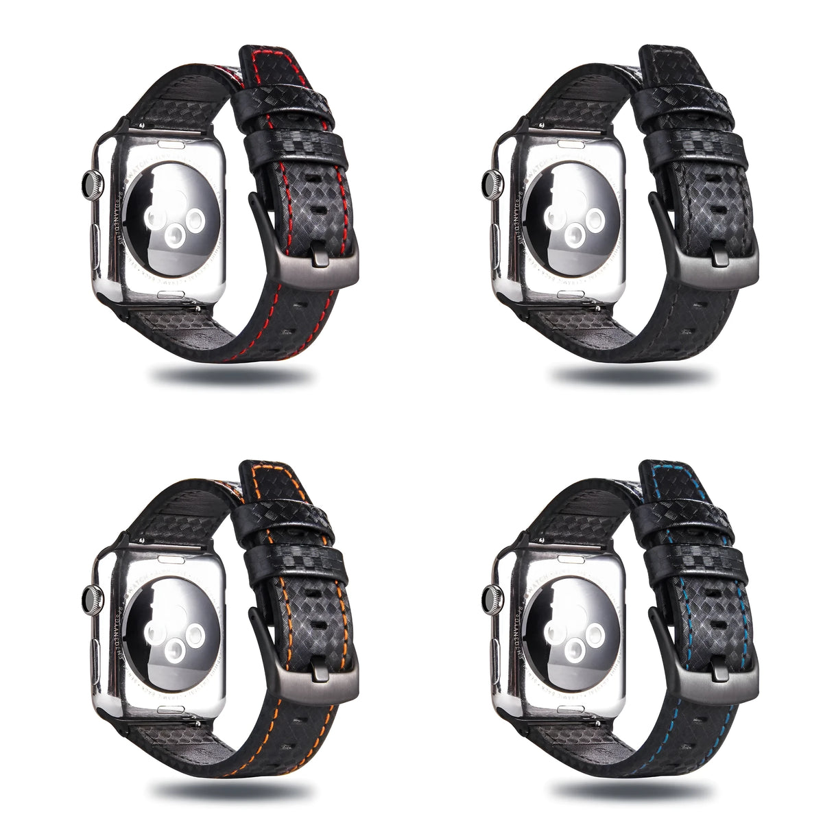 Leather and carbon fibre iPhone watch strap in black, blue, orange, and red for Apple Watch