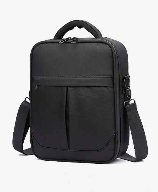 Black men's oxford fabric messenger shoulder bag showing its size and style.