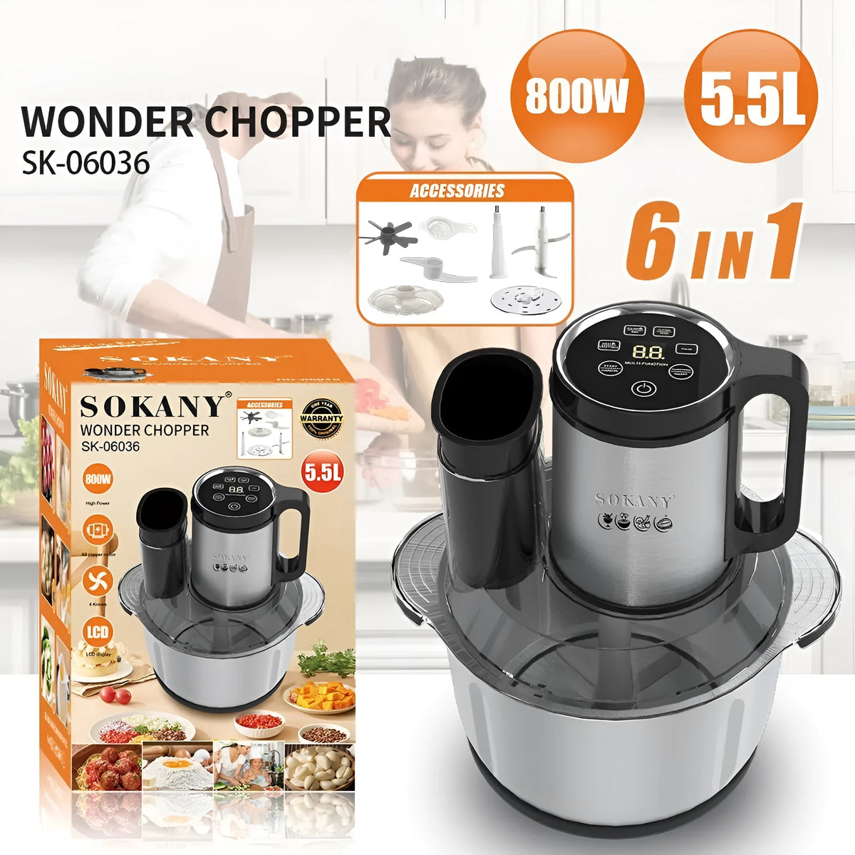 Stainless steel meat grinder vegetable cutter with 5L capacity bowl