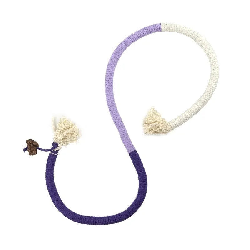 70cm long cotton string cat bite rope toy in three colours: absolute purple, all orange, and red with green