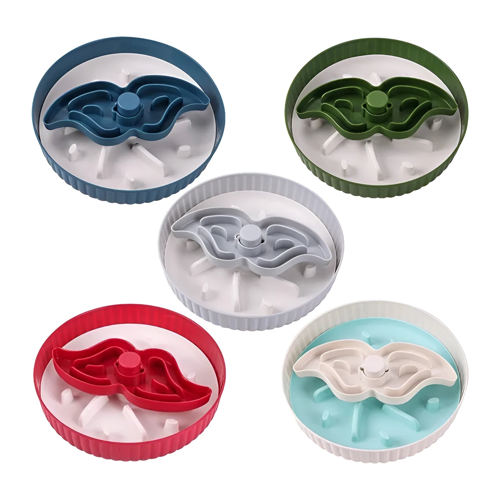 Rotating pet slow feeder bowl with game board surface and removable silicone licking mat in blue.
