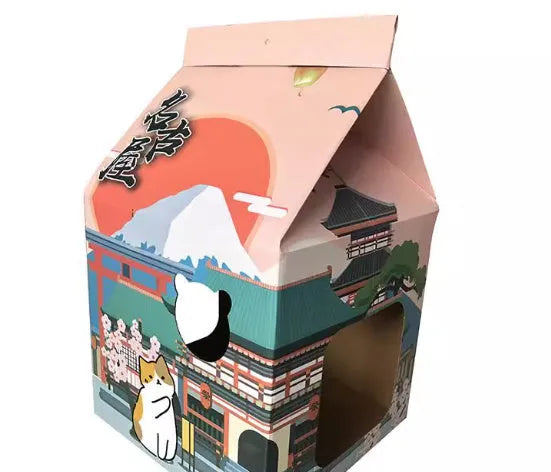 Foldable corrugated paper cat scratching board in Nagoya colour with integrated nest design