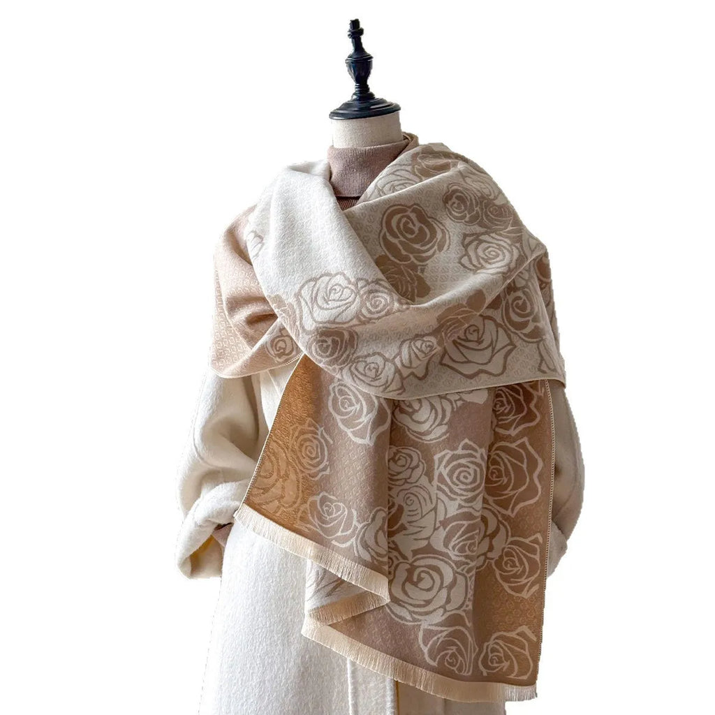 Imitation cashmere winter scarf with tassels showing grey, black, blue, and khaki colour options