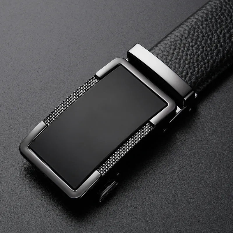 Men's automatic buckle leather belt showing comfort click fastening mechanism and electroplated surface