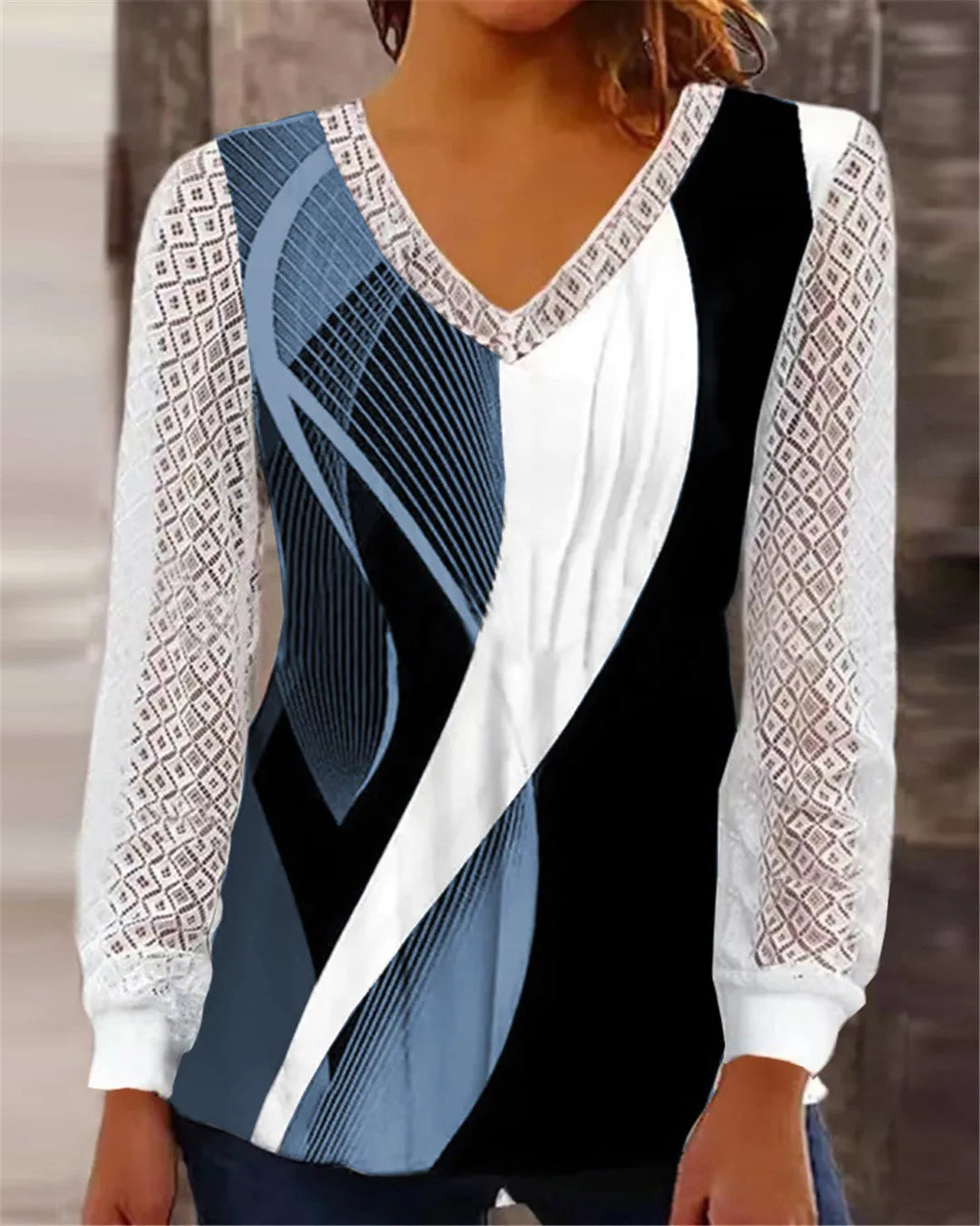 Women's V-neck loose fit hollow-out lace top in purple, wine red, grey, or blue with long sleeves