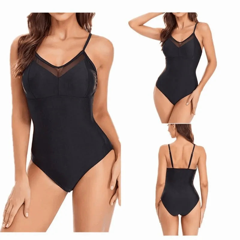 Black ladies' one-piece swimsuit with mesh sections and a backless design on a mannequin.