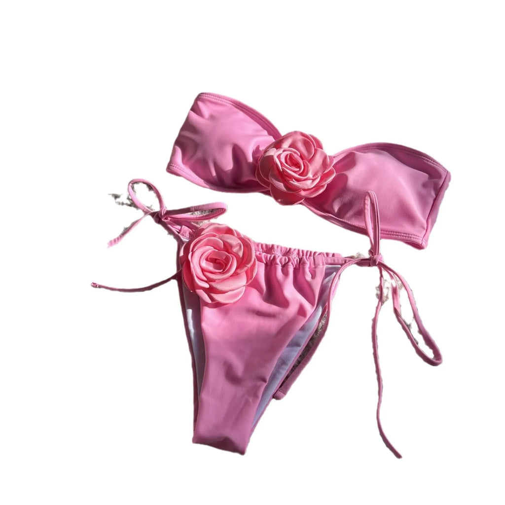 Women's solid colour polyester swimsuit with adjustable drawstring tube top and split briefs