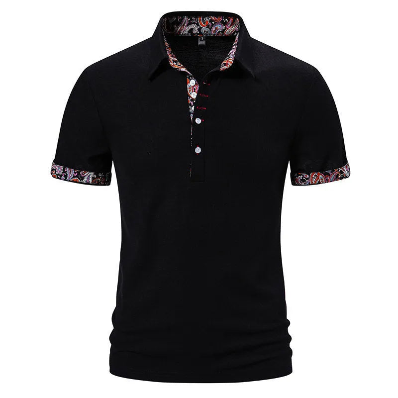 Men's short sleeve polo shirt in a cotton blend fabric, showing turnover collar and colour stitching detail.