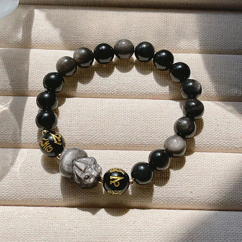 Men's natural silver stone bracelet with Chinese zodiac signs and beaded design