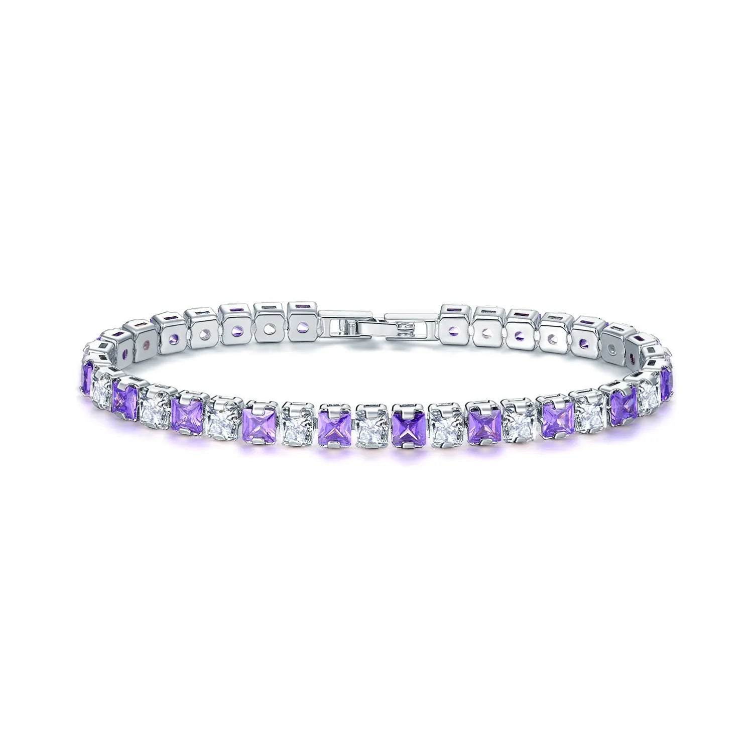 Close-up of a women's square geometric zircon bracelet with gang drill detail, electroplated in real platinum.