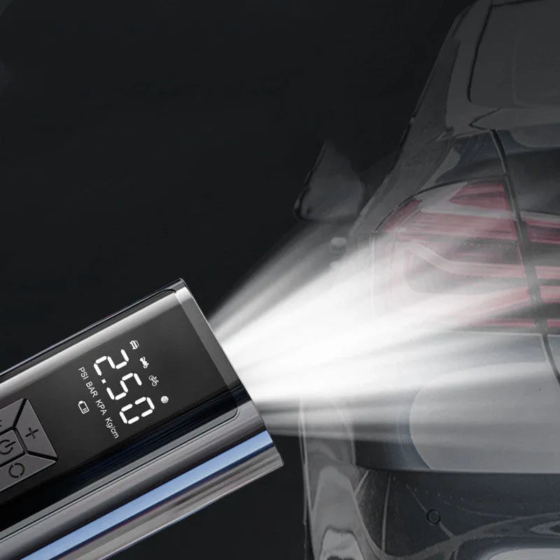 Digital display car tyre pump with LED light and USB port for wireless inflation